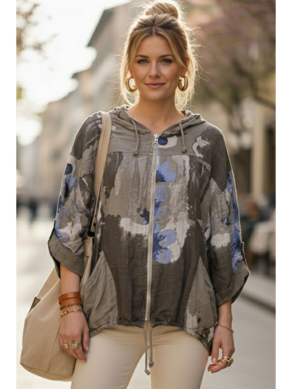 Bej İtalyan Vizon Kapüşonlu 3/4 Kol Fermuarlı Cepli Casual Keten Görünümlü Dokuma Ceket 68 65