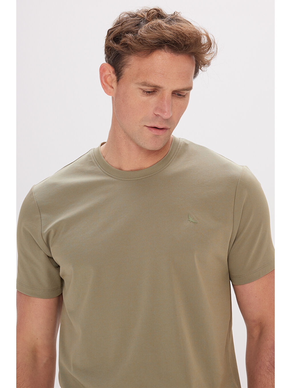 Erkek Haki Slim Fit Dar Kesim Bisiklet Yaka Pamuklu Tişört-2