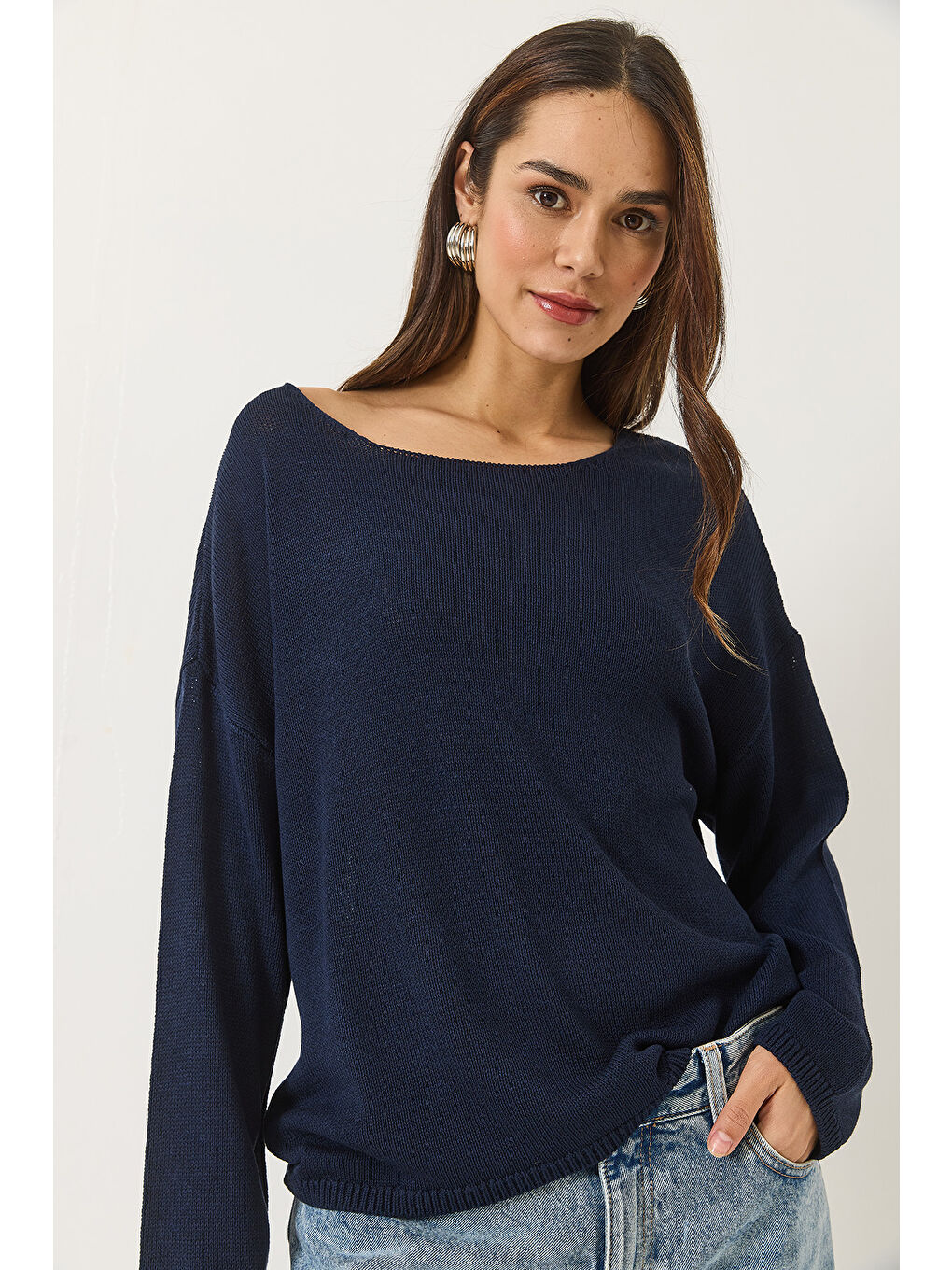 Lacivert Kadın Kayık Yaka Triko Merserize Basic Bluz-2