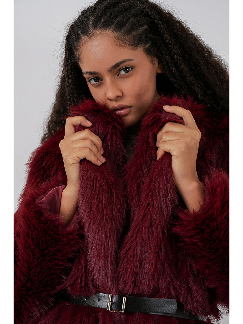 Kadın Kemerli Oversize Kürklü Kaban 9156 - Bordo-3