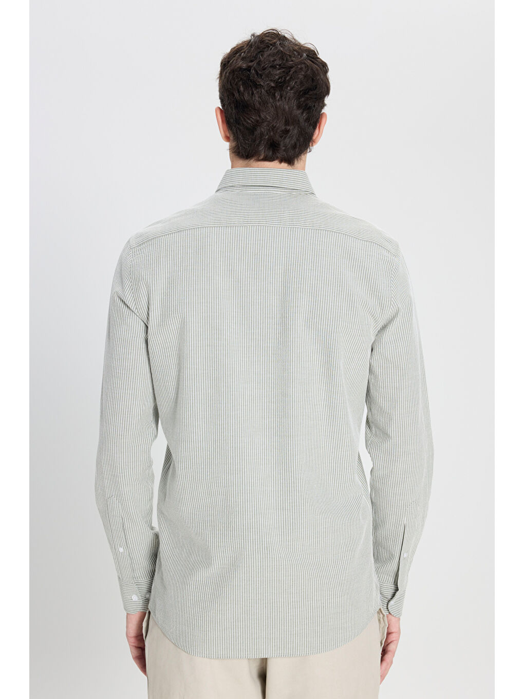 Erkek Haki-Beyaz %100 Pamuk Slim Fit Dar Kesim Düğmeli Yaka Çizgili Gömlek-4