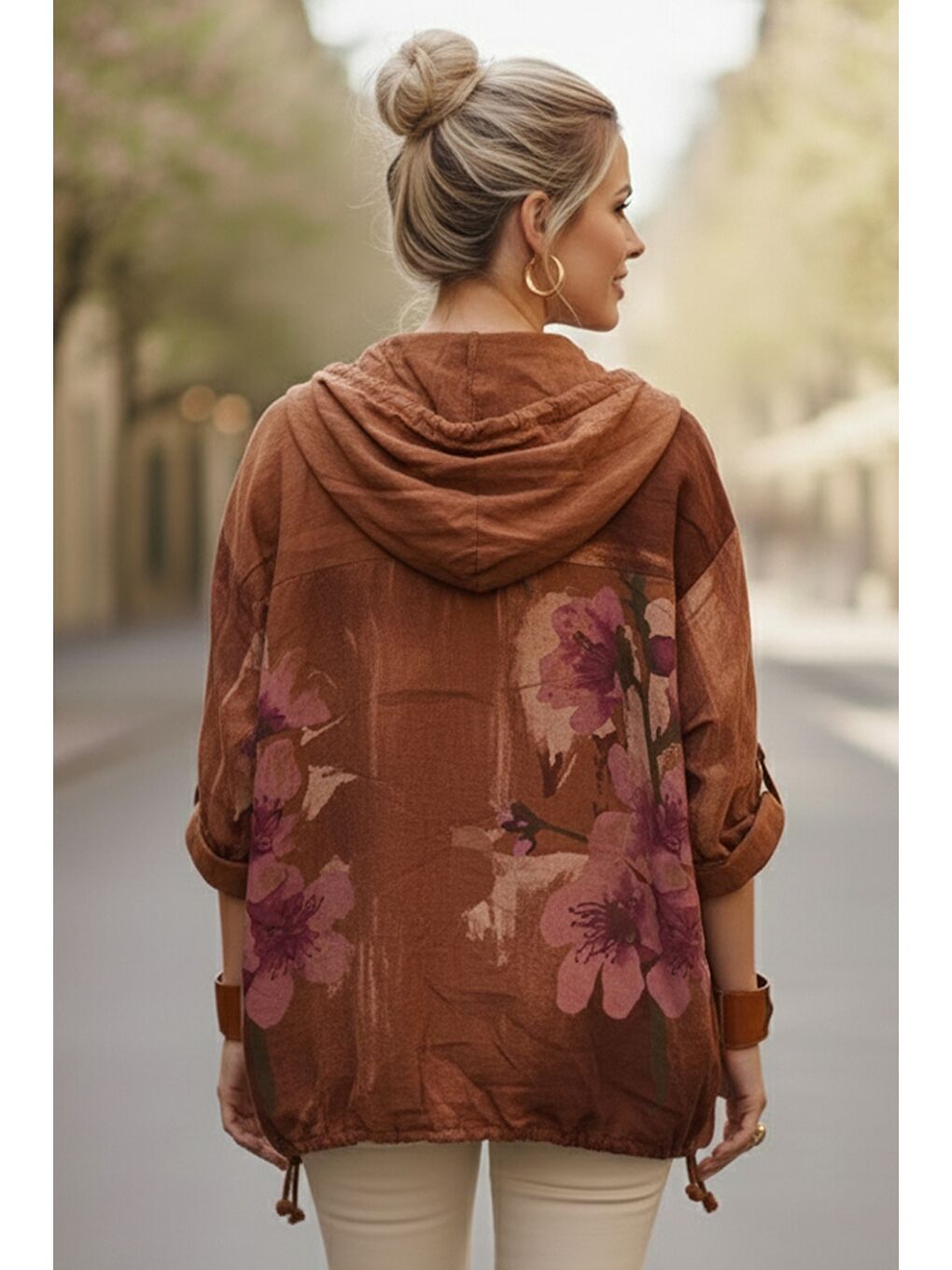 Kahverengi İtalyan Tarçın Rengi Kapüşonlu 3/4 Kol Fermuarlı Cepli Casual Keten Görünümlü Dokuma Ceket 68 65-7