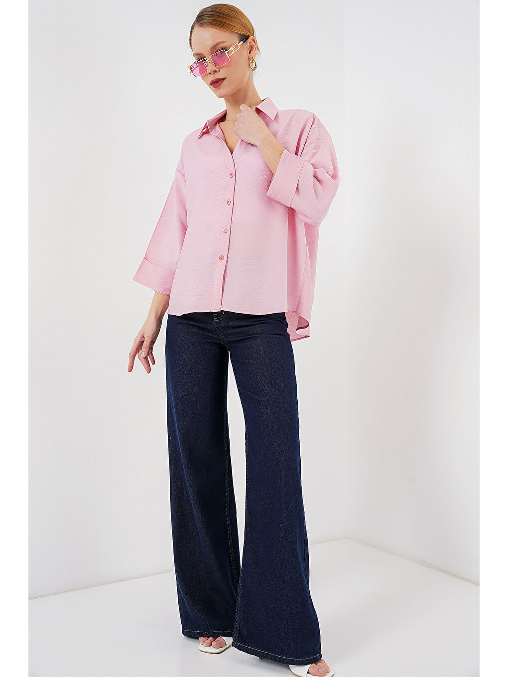 Kadın Oversize Kısa Kol Gömlek 20315 - Pembe-1