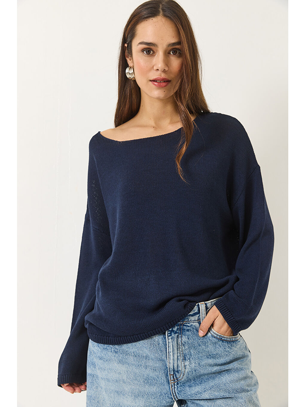 Lacivert Kadın Kayık Yaka Triko Merserize Basic Bluz-3