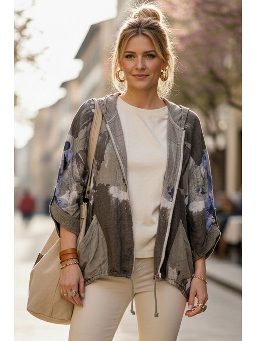 Bej İtalyan Vizon Kapüşonlu 3/4 Kol Fermuarlı Cepli Casual Keten Görünümlü Dokuma Ceket 68 65-1