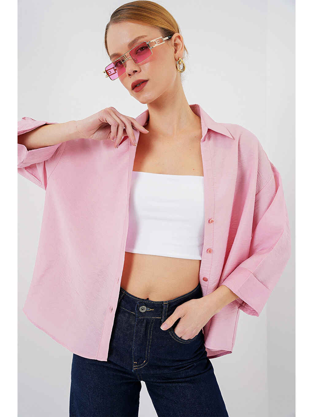 Kadın Oversize Kısa Kol Gömlek 20315 - Pembe-2