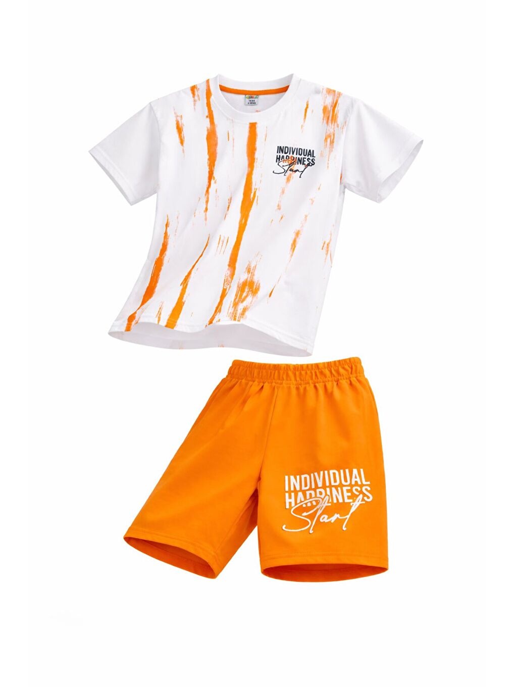 Turuncu Desenli Tişörtlü Erkek Çocuk Yazı Baskılı Şortlu Takım 23788-1