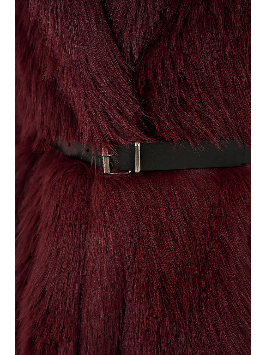 Kadın Kemerli Oversize Kürklü Kaban 9156 - Bordo-4