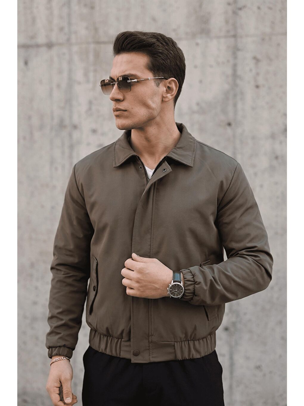 Haki Muxi Slim Fit Fermuarlı ve Çıtçıt Korumalı Astarlı Suya Dayanıklı Erkek Mevsimlik Bomber Ceket