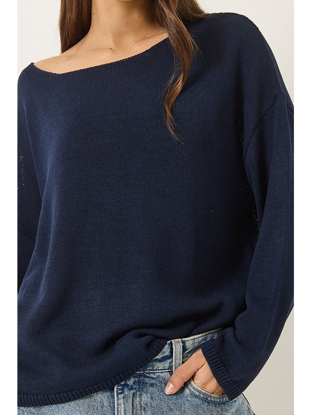 Lacivert Kadın Kayık Yaka Triko Merserize Basic Bluz-4