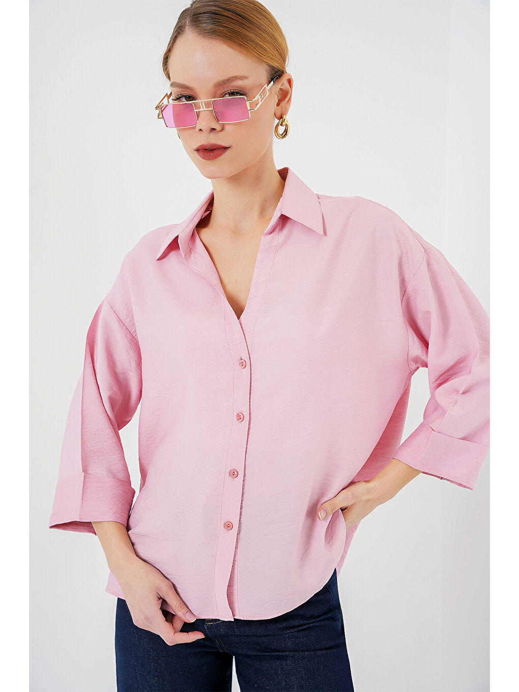 Kadın Oversize Kısa Kol Gömlek 20315 - Pembe-3