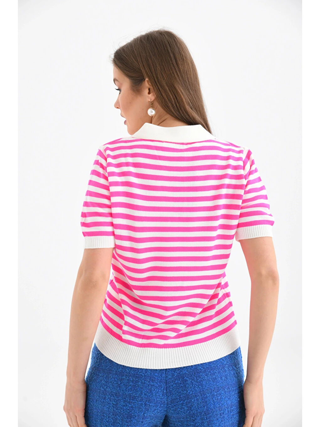 Pembe Kadın Polo Yaka Kısa Kol Çizgili Triko Kazak-4