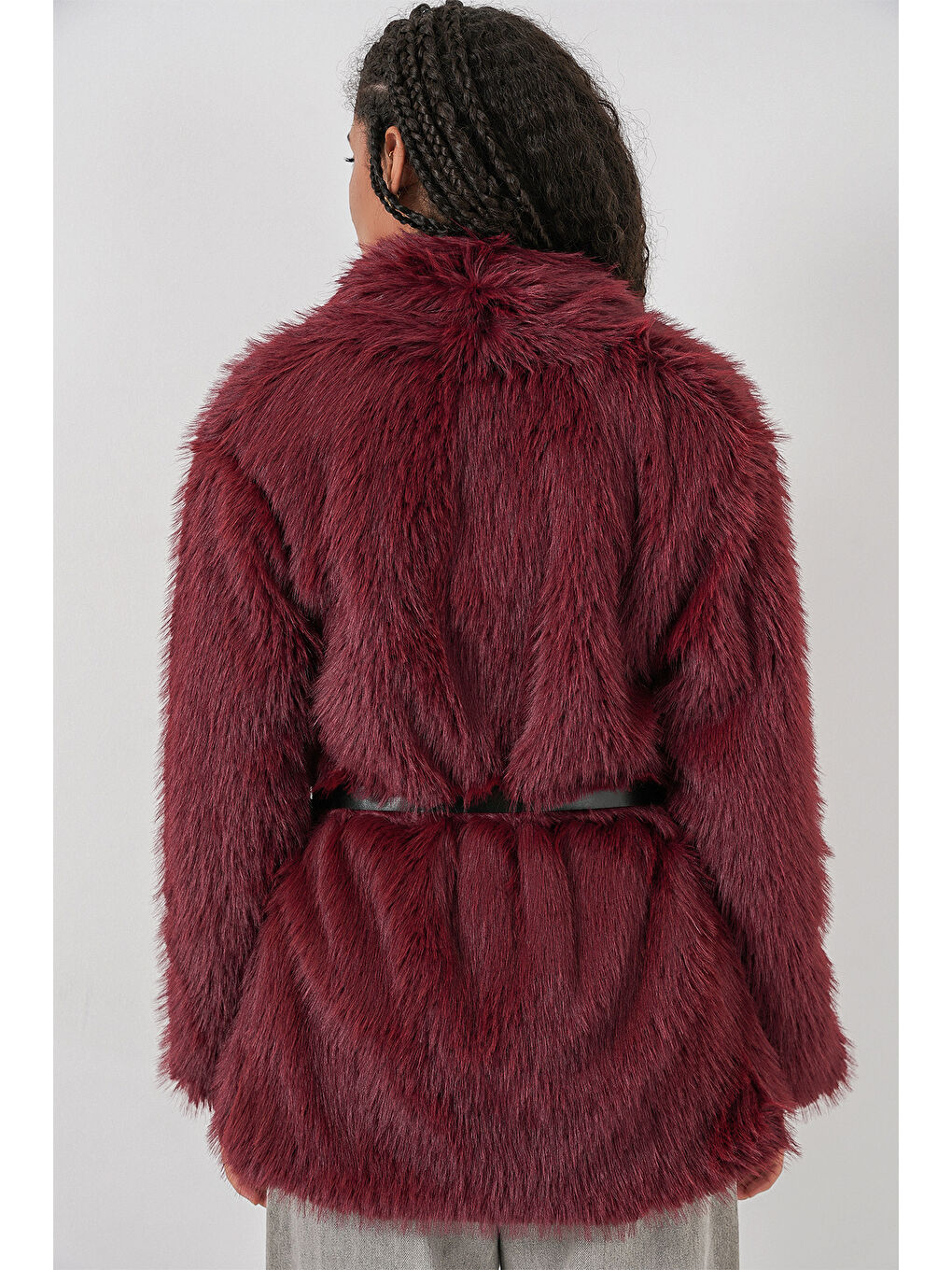 Kadın Kemerli Oversize Kürklü Kaban 9156 - Bordo-5