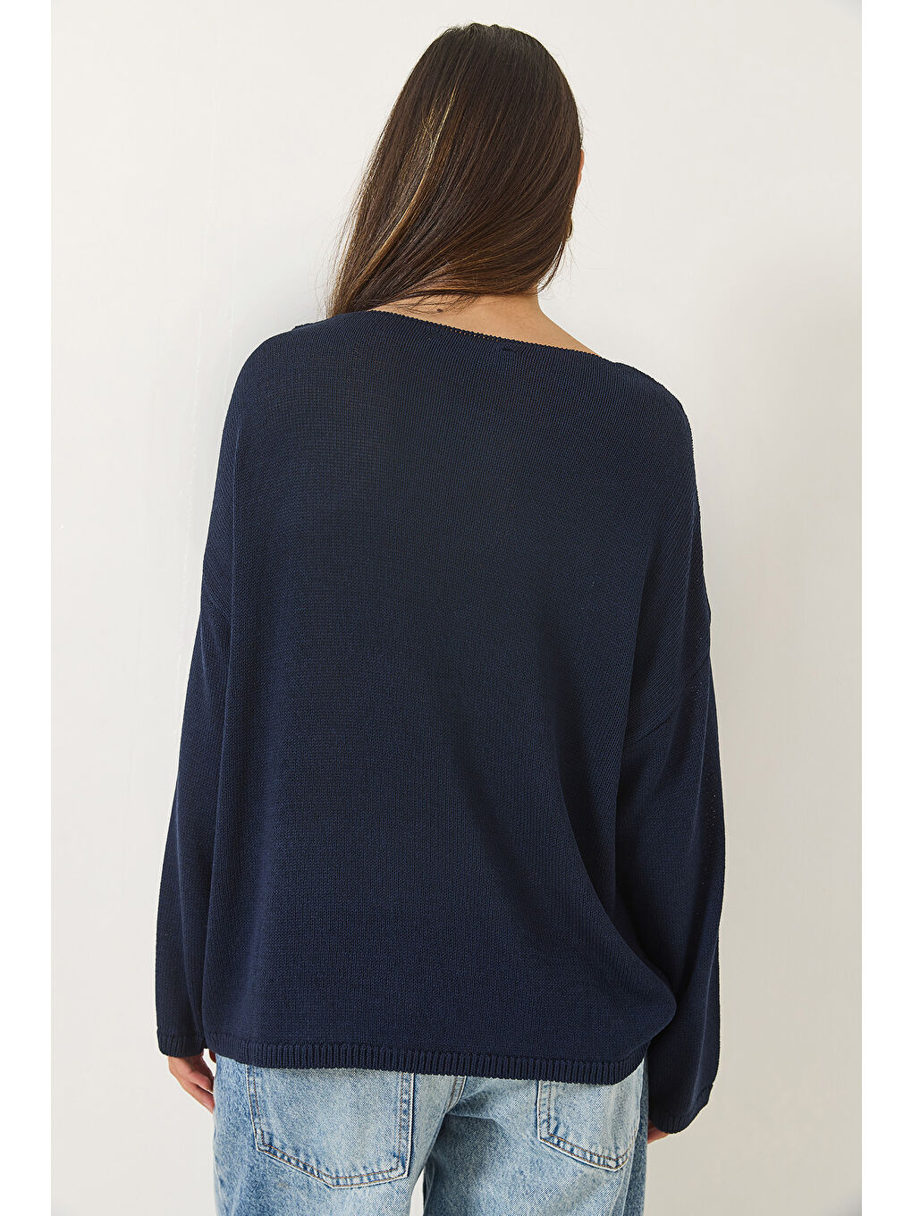 Lacivert Kadın Kayık Yaka Triko Merserize Basic Bluz-5