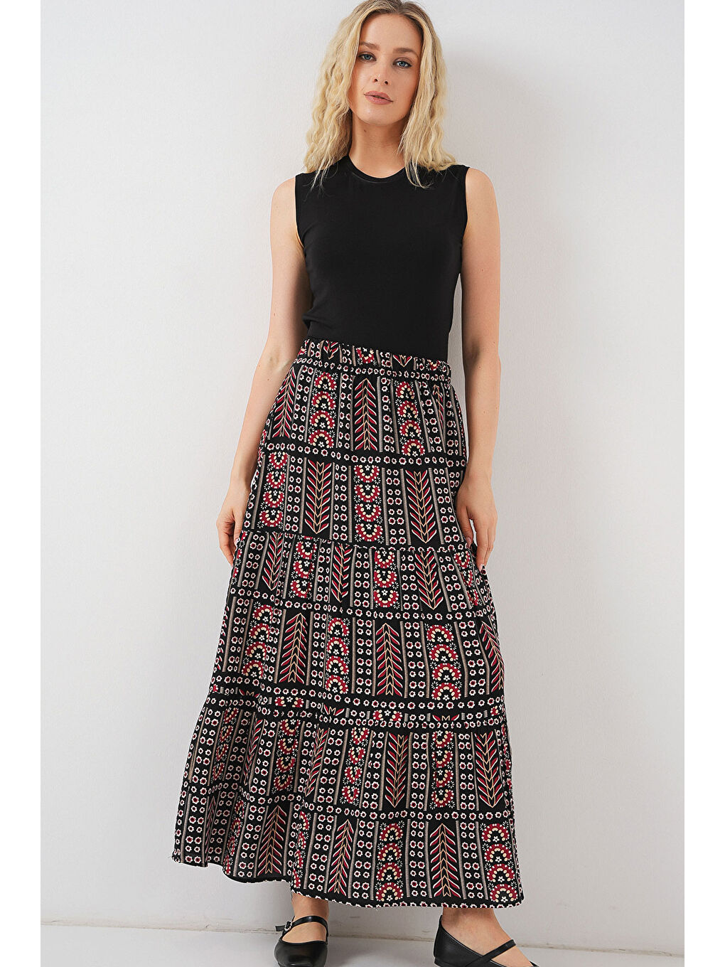 Kadın Desenli Uzun Etek 8053 - Siyah