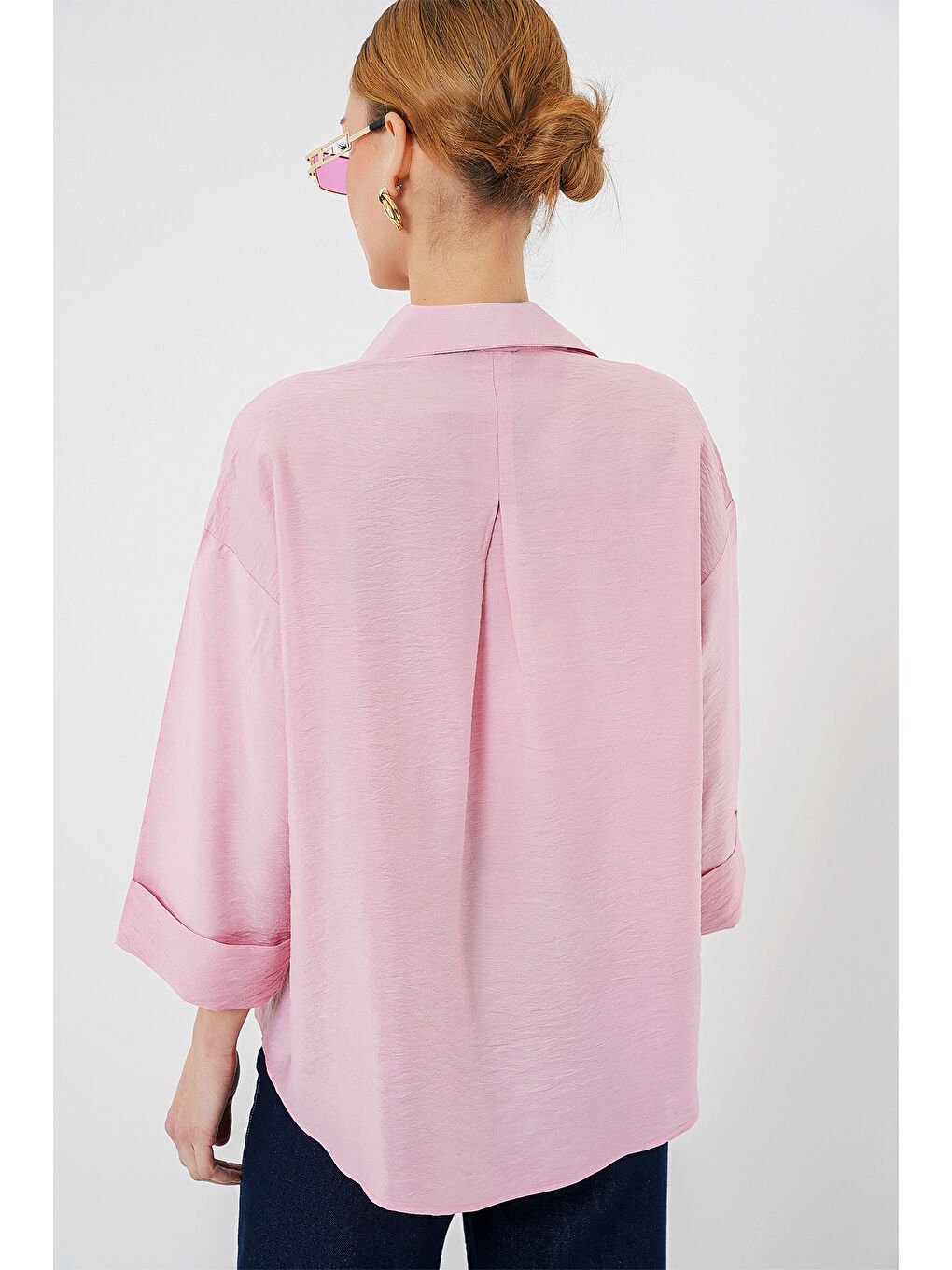 Kadın Oversize Kısa Kol Gömlek 20315 - Pembe-5