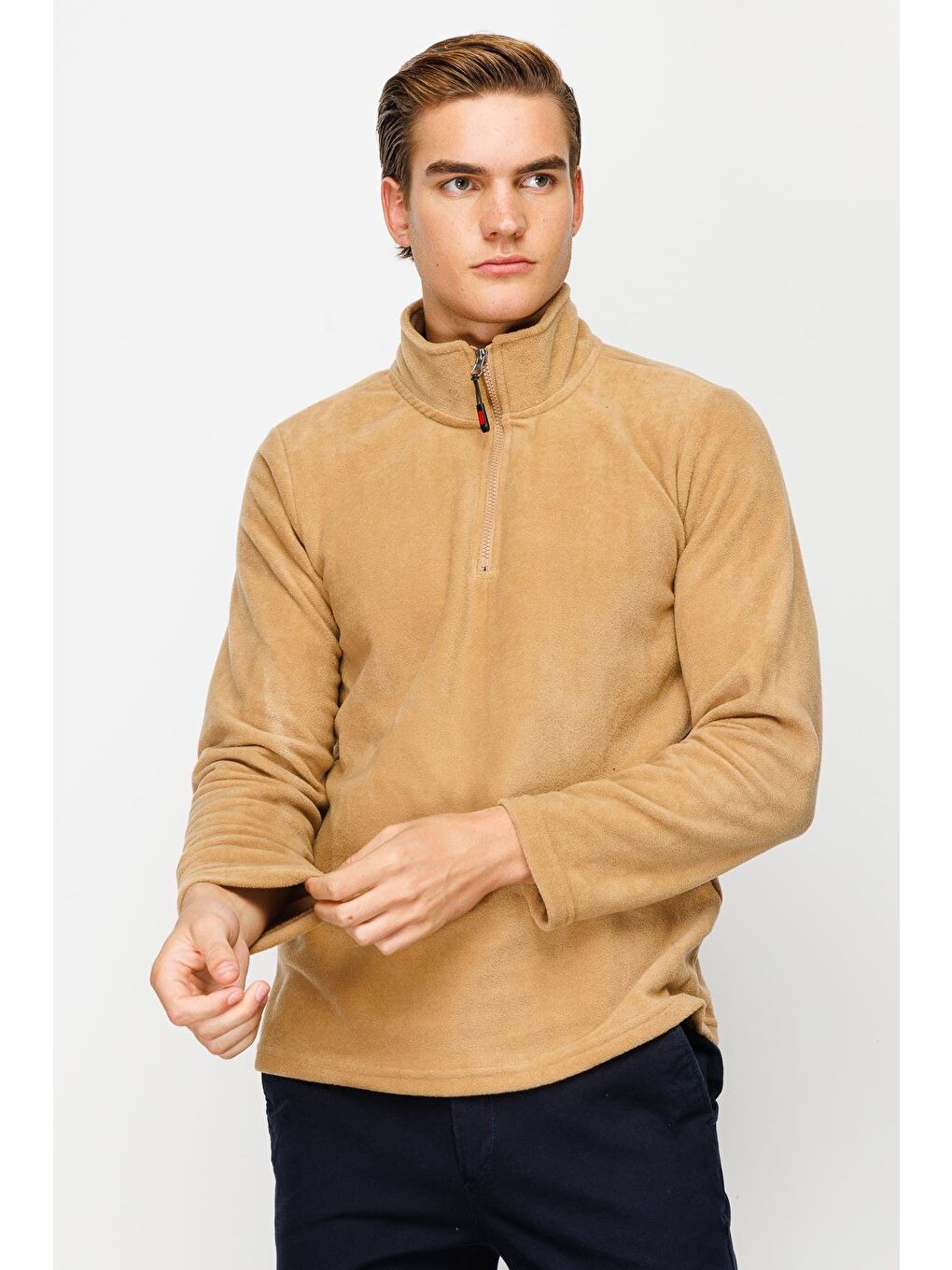 Bej Erkek Camel Yarım Fermuar Polar-1