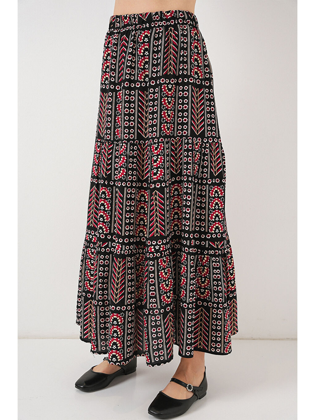 Kadın Desenli Uzun Etek 8053 - Siyah-1