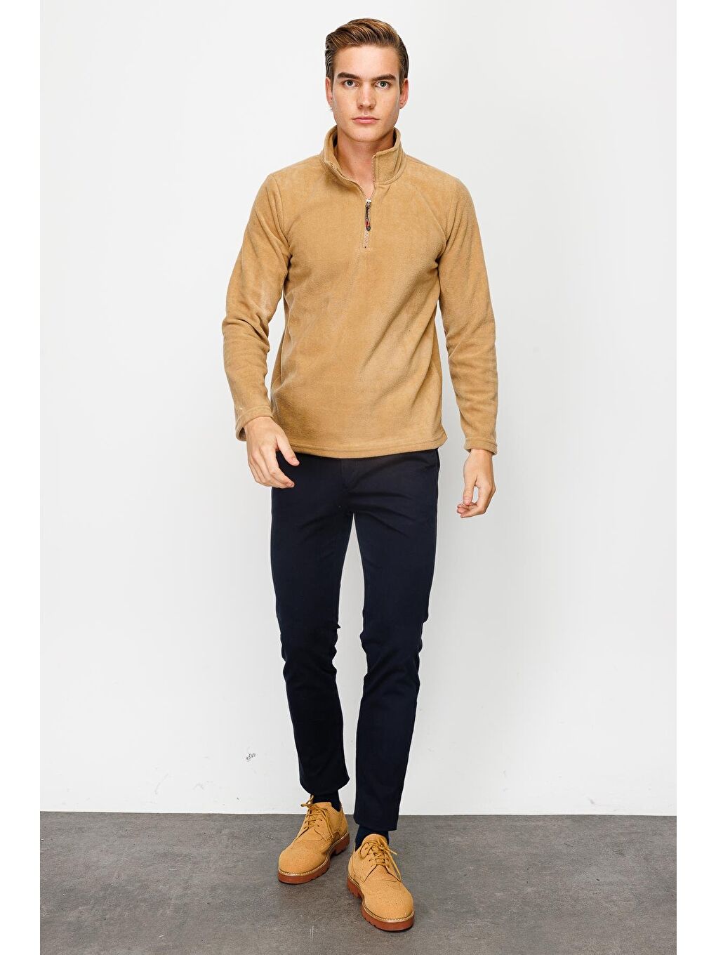 Bej Erkek Camel Yarım Fermuar Polar-2