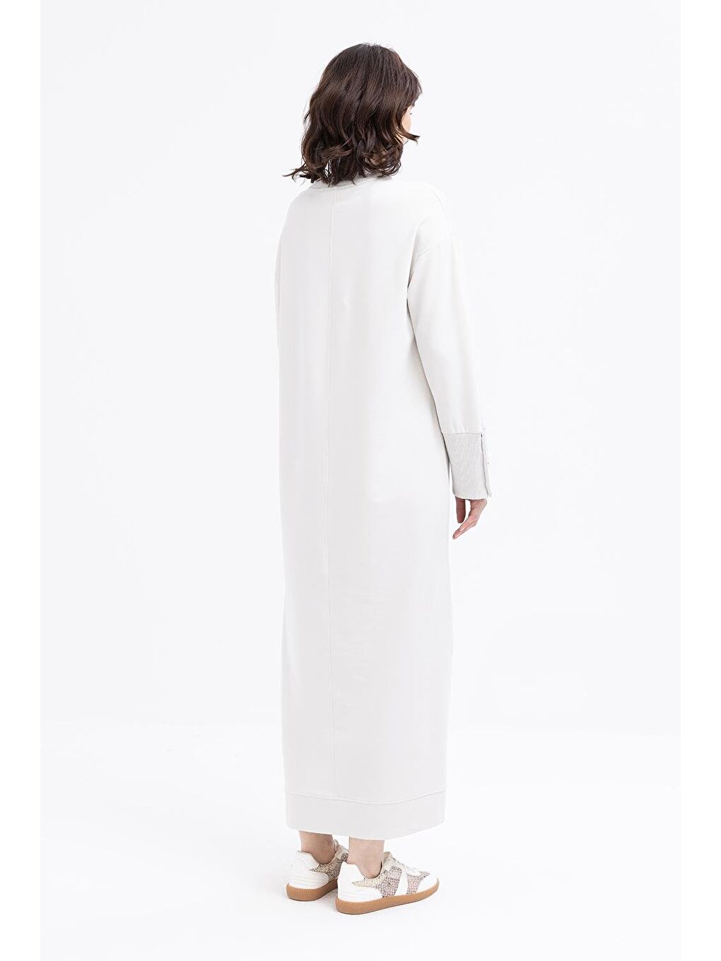 Bej Taş Manşeti Kalın Ribanalı Düğme Detaylı Elastanlı Elbise-2