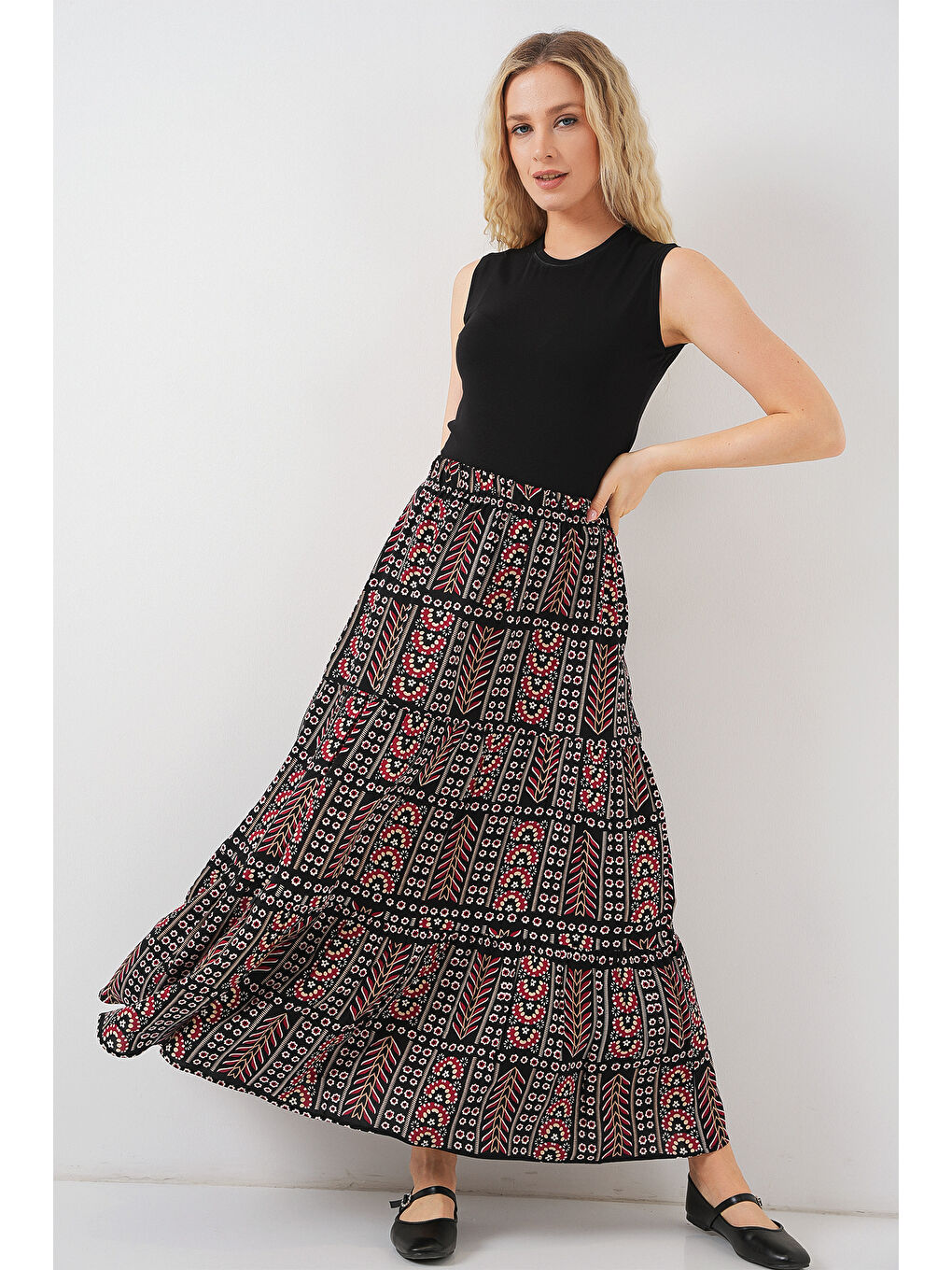 Kadın Desenli Uzun Etek 8053 - Siyah-2