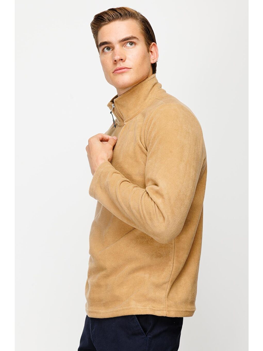 Bej Erkek Camel Yarım Fermuar Polar-3