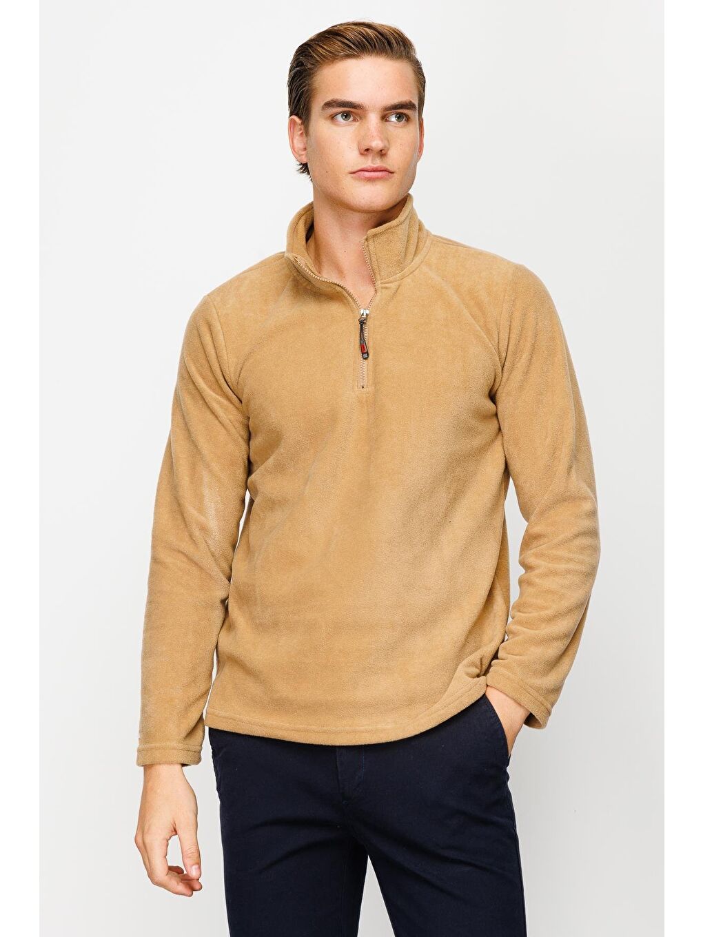 Bej Erkek Camel Yarım Fermuar Polar-4