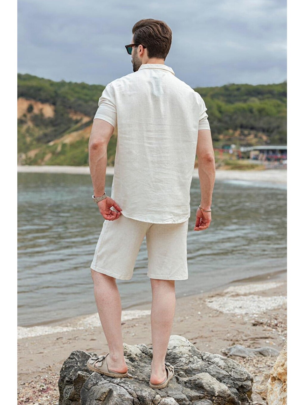 Ekru Keten Görünümlü Relax Fit Erkek Gömlek Şort Takım E7364-2