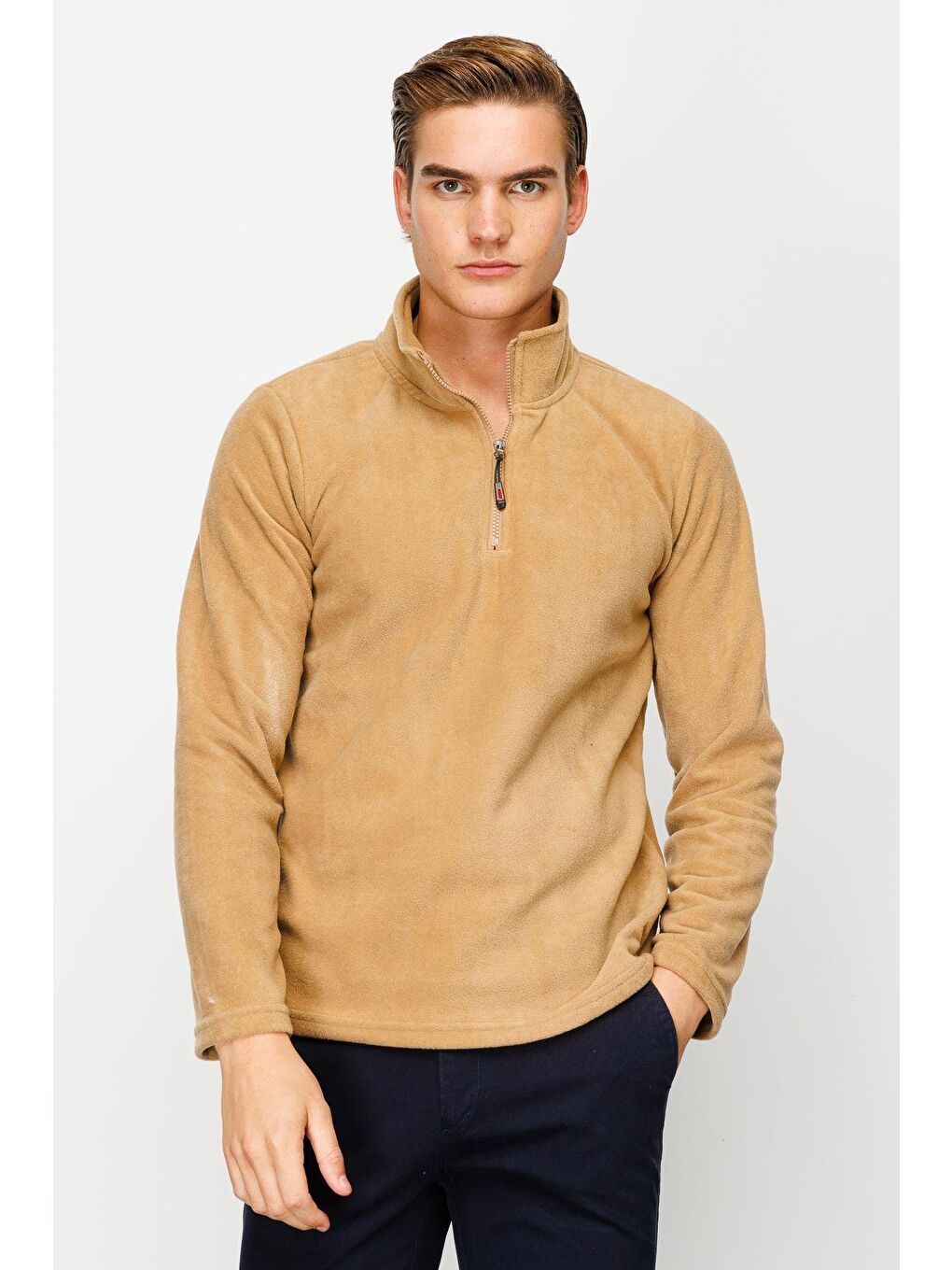 Bej Erkek Camel Yarım Fermuar Polar-6