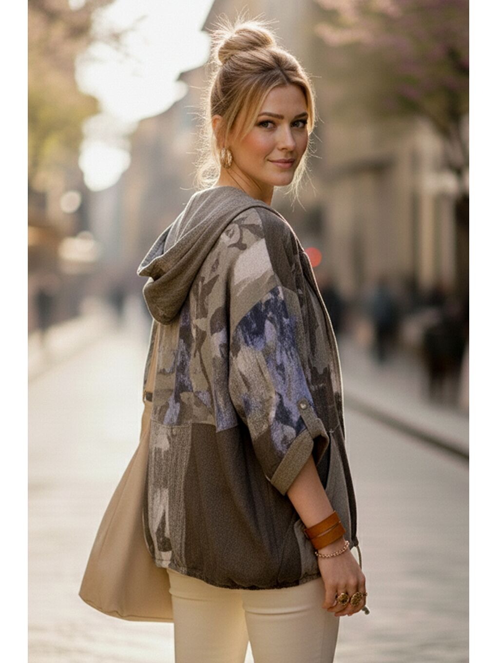 Bej İtalyan Vizon Kapüşonlu 3/4 Kol Fermuarlı Cepli Casual Keten Görünümlü Dokuma Ceket 68 65-6