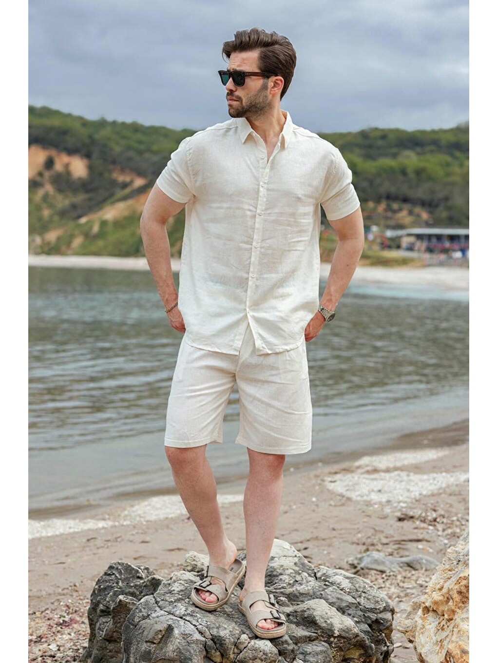 Ekru Keten Görünümlü Relax Fit Erkek Gömlek Şort Takım E7364-4