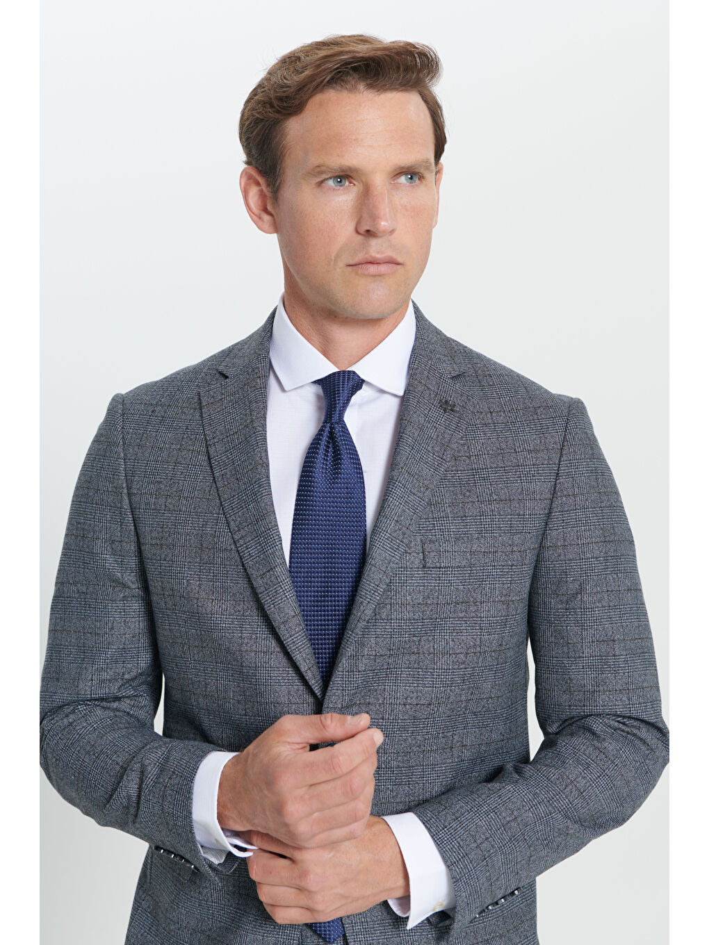 Erkek Gri-Mavi Slim Fit Dar Kesim Kareli Takım Elbise-3