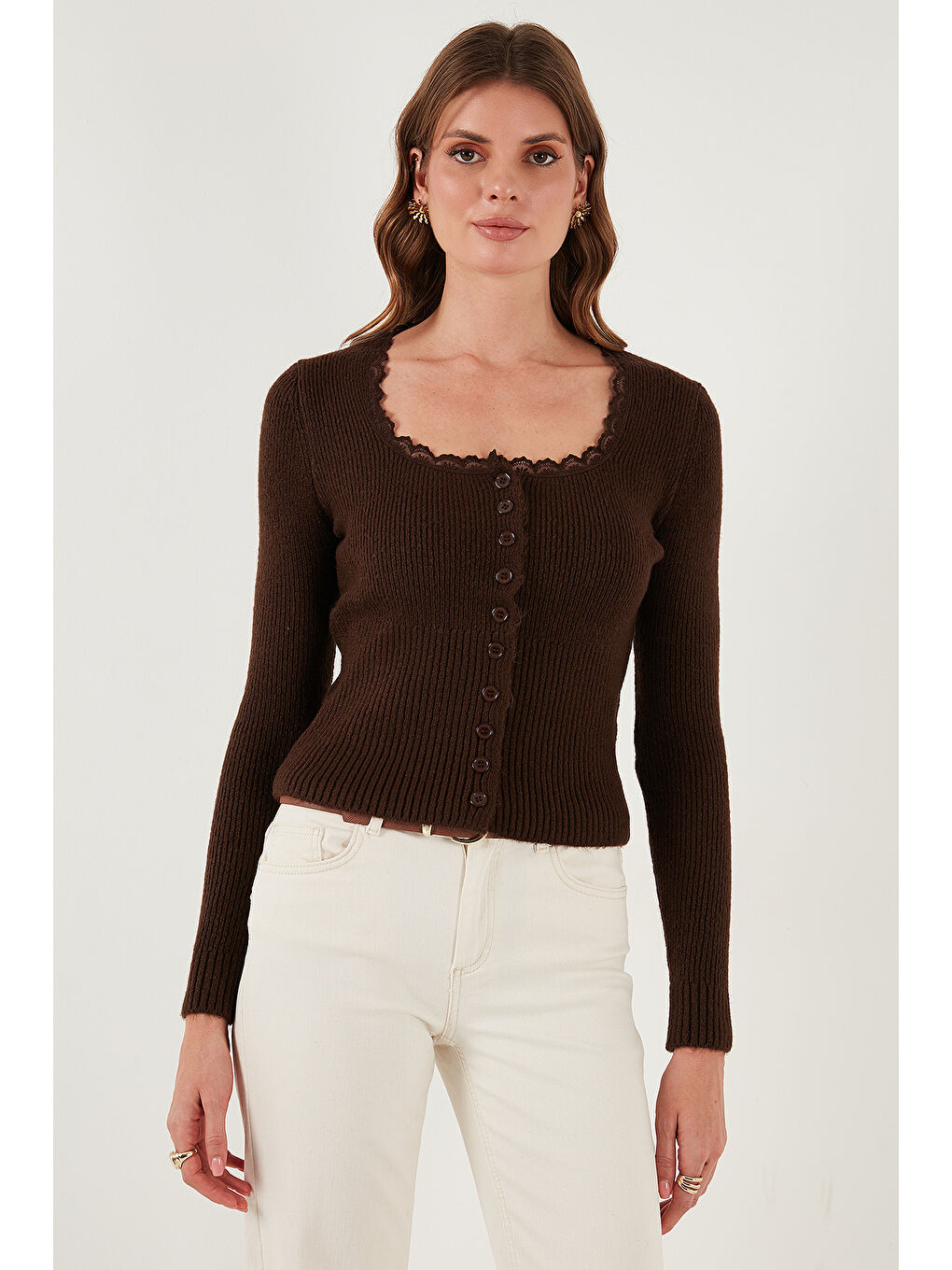 Kahverengi Premium Slim Fit Dantel Detaylı Yaka Örme Hırka 680HI00061