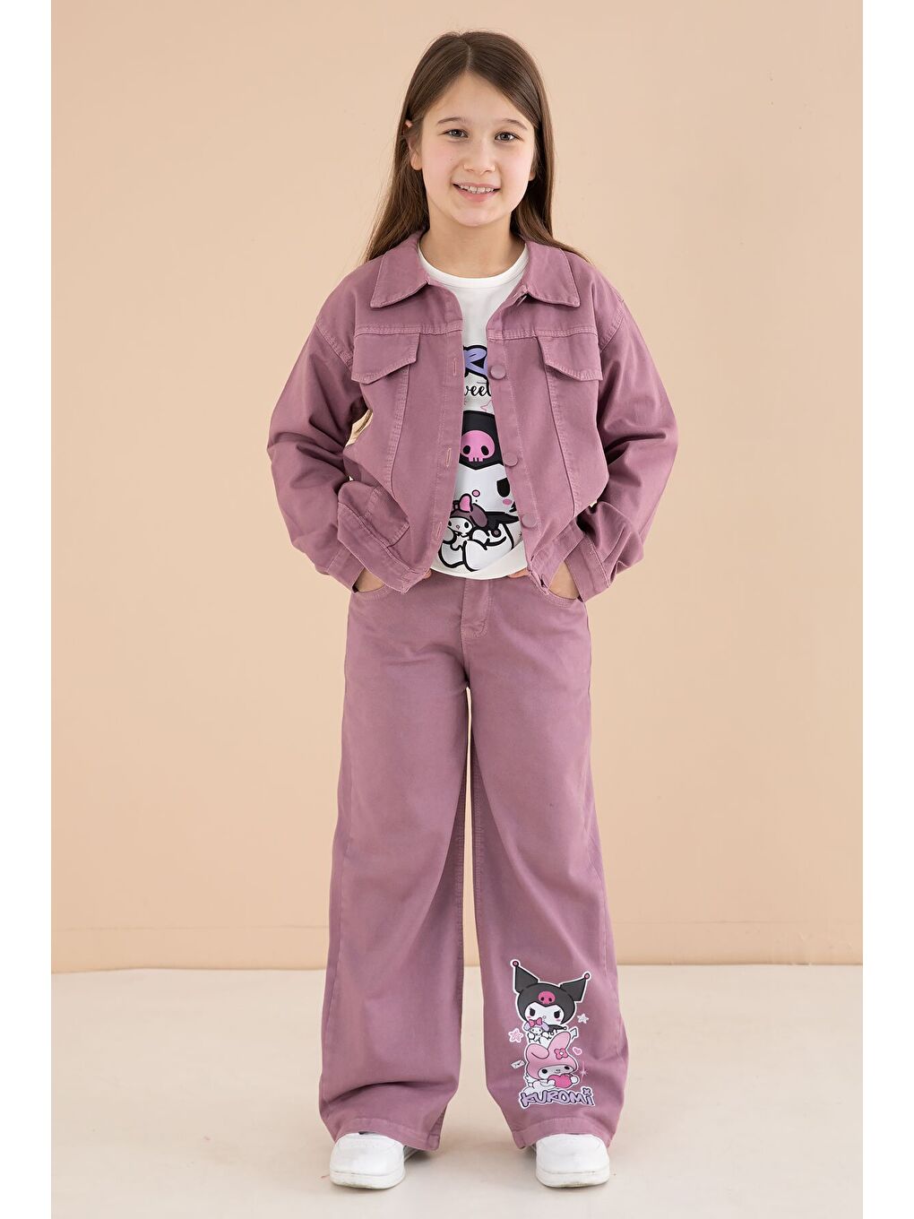 Pembe Gül Kurusu Cep Detaylı Ceketli Baskılı Tişörtlü Kız Çocuk 3lü Pantolonlu Takım 23591