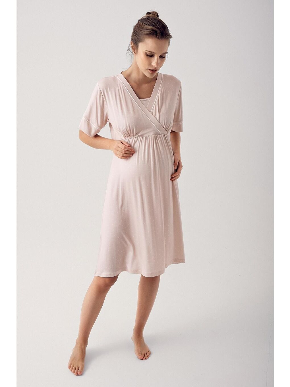 Bej Puantiyeli Kısa Kollu Elastanlı Viskoz Hamile Gecelik 14120