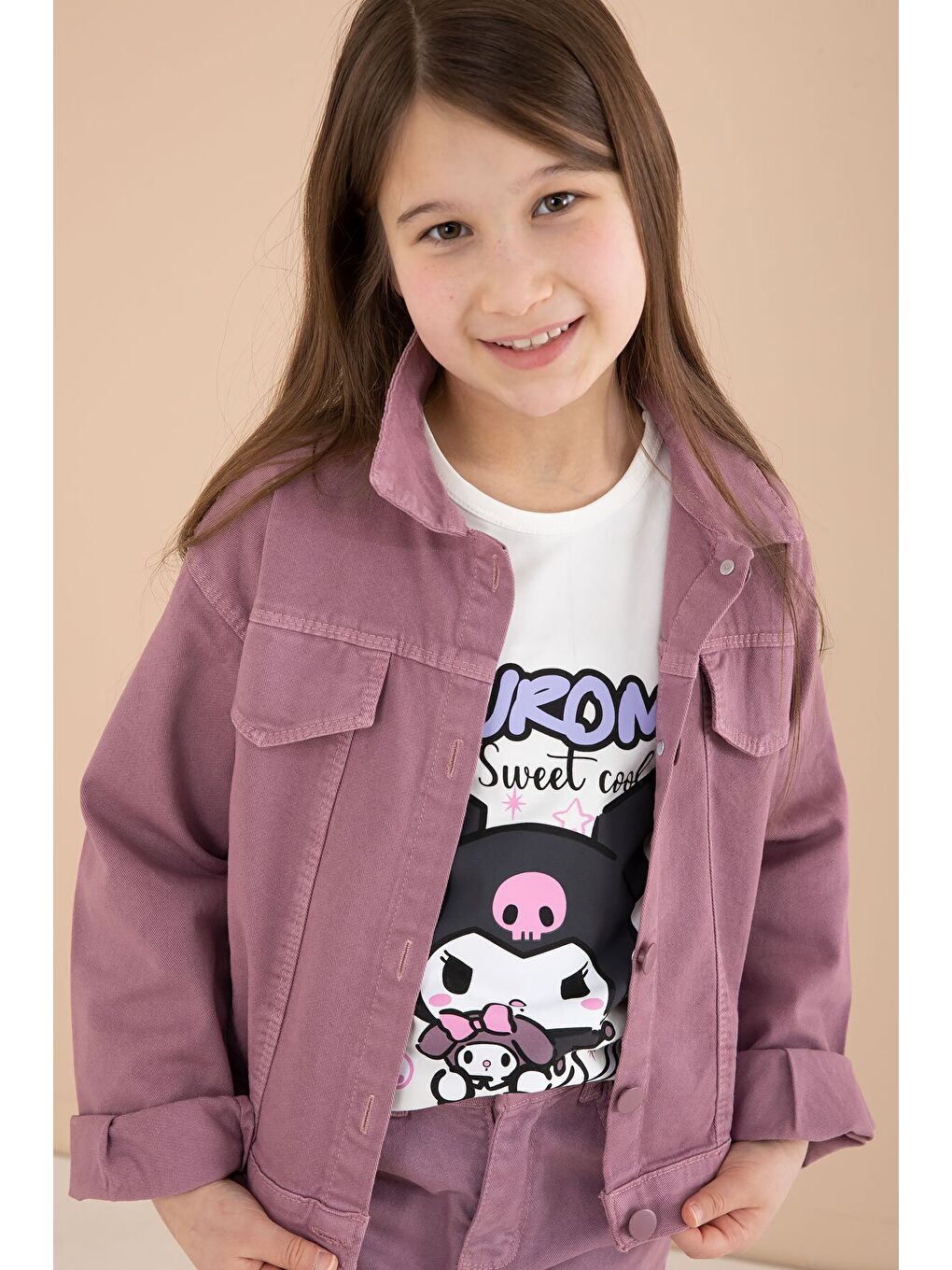 Pembe Gül Kurusu Cep Detaylı Ceketli Baskılı Tişörtlü Kız Çocuk 3lü Pantolonlu Takım 23591-3