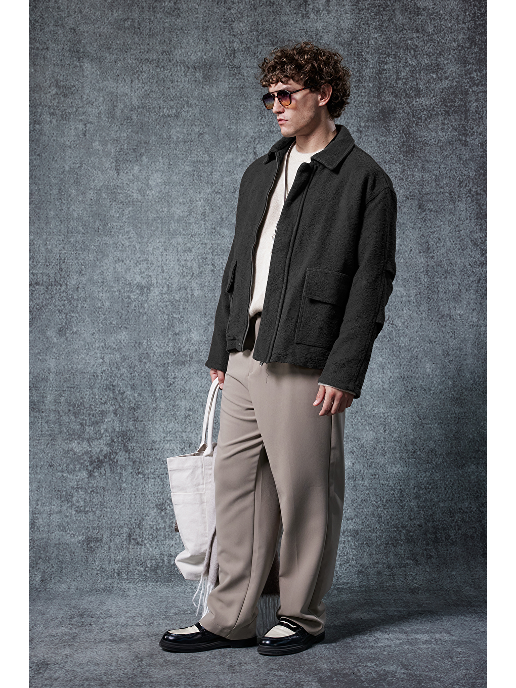 Erkek Boxy Fit Rahat Kesim Desenli Ceket Siyah-2