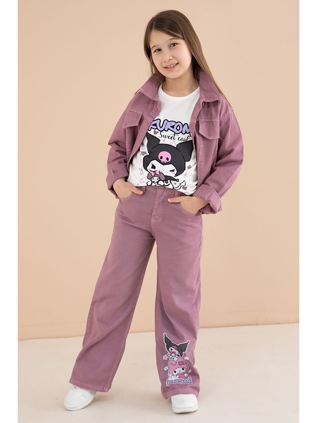 Pembe Gül Kurusu Cep Detaylı Ceketli Baskılı Tişörtlü Kız Çocuk 3lü Pantolonlu Takım 23591-4