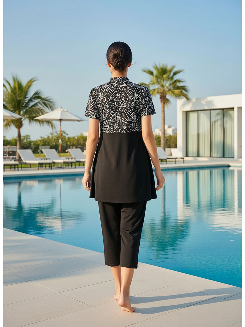 Siyah Hızlı Kuruyan Esnek Paraşüt Kumaş 4 Parça Kısa Kollu Yarı Kapalı Mayo 3409-4