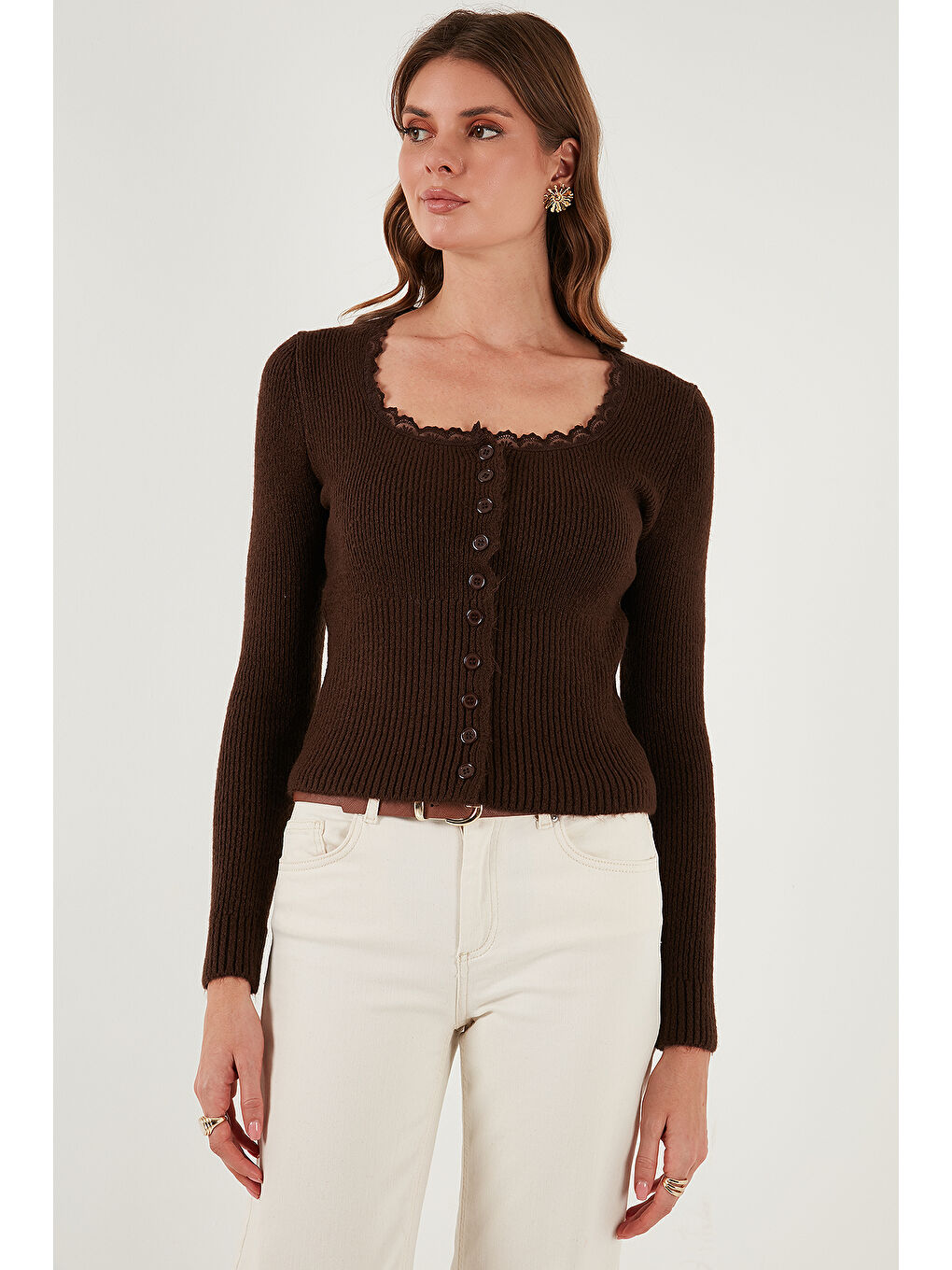 Kahverengi Premium Slim Fit Dantel Detaylı Yaka Örme Hırka 680HI00061-3