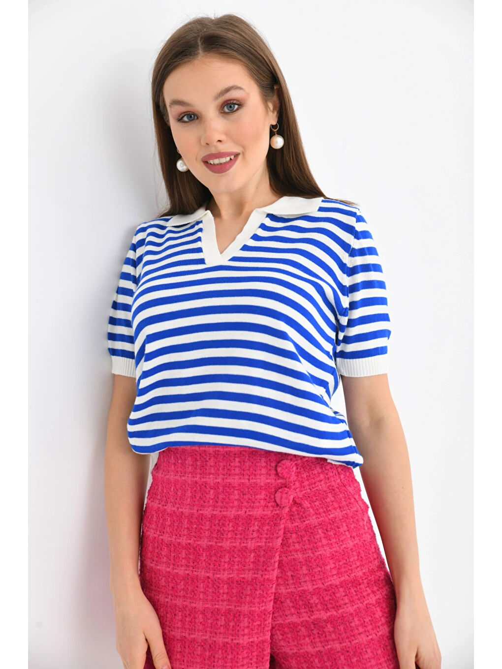 Lacivert Kadın Polo Yaka Kısa Kol Çizgili Triko Kazak-1