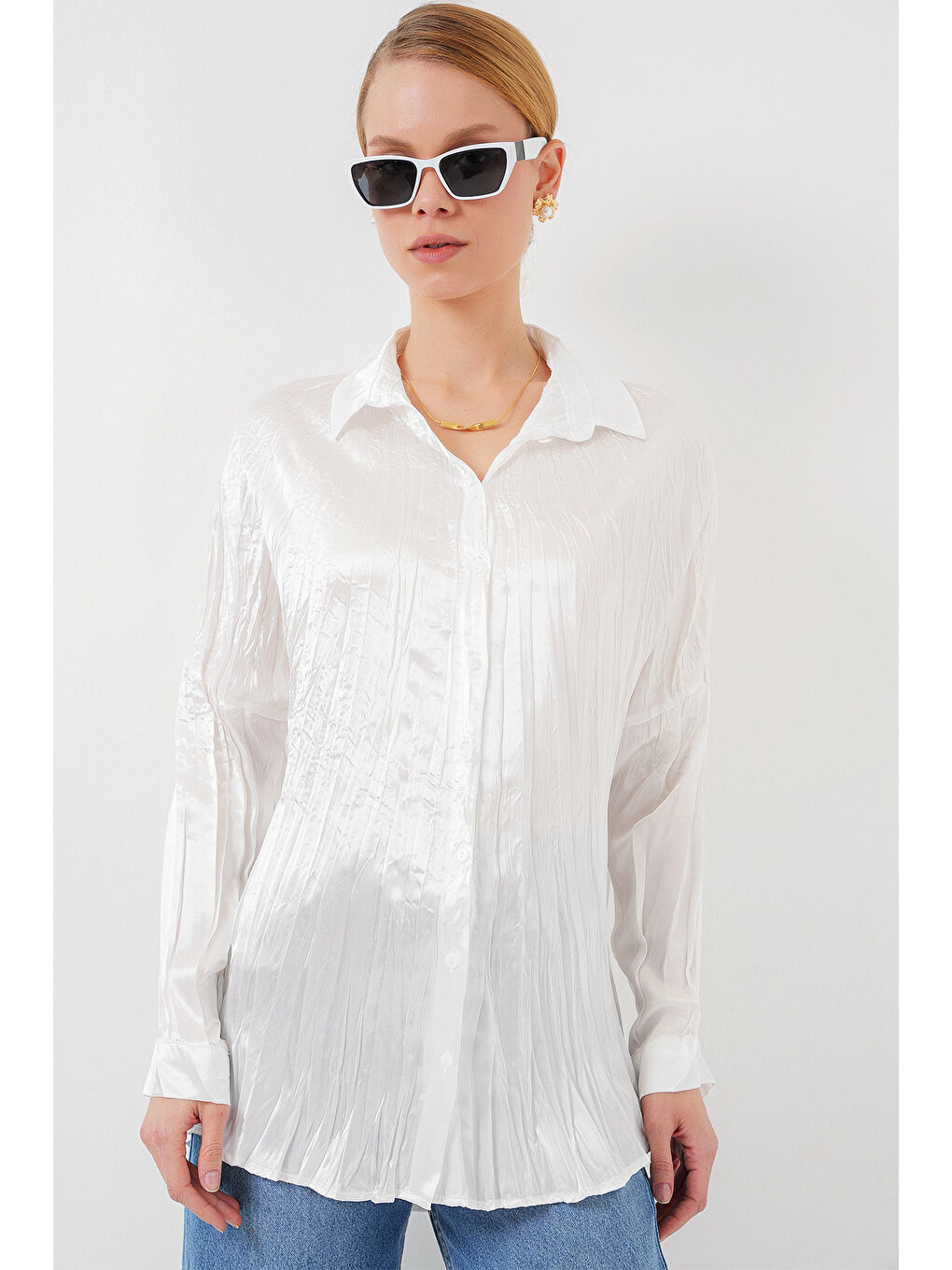 Kadın Kırışık Saten Gömlek 20316 - Beyaz