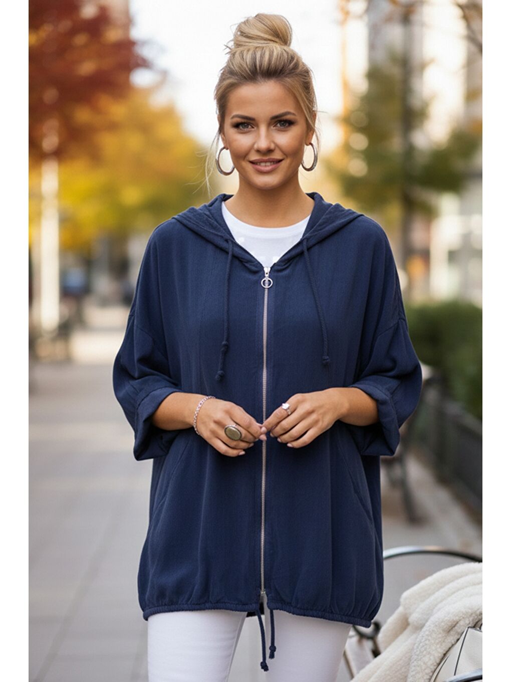 İtalyan Lacivert Kapüşonlu 3/4 Kol Fermuarlı Cepli Casual Pamuklu Dokuma Ceket 70 70-1