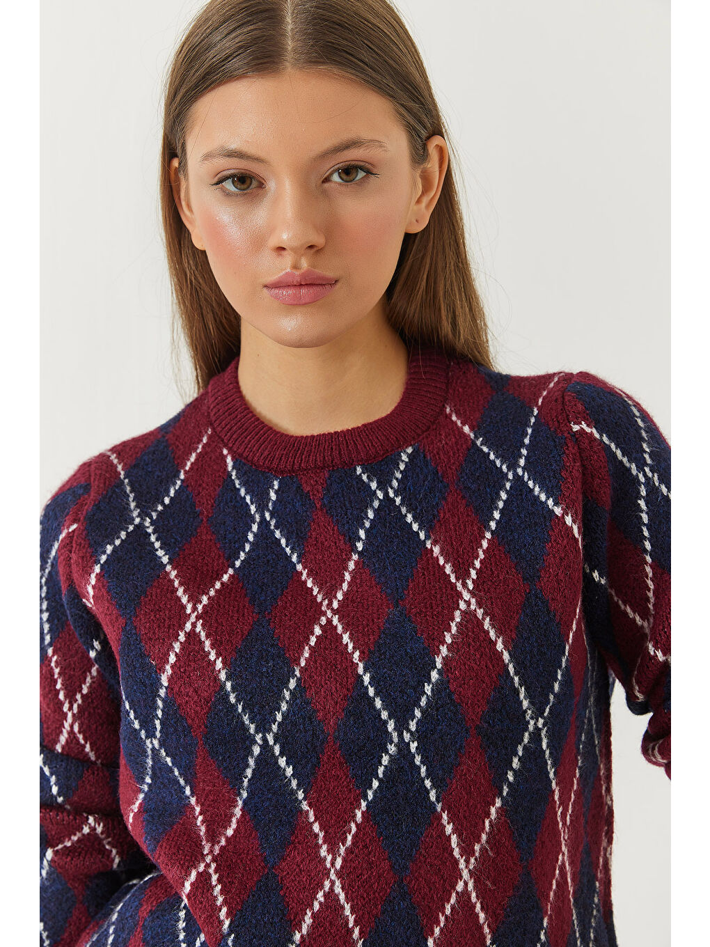 Bordo Kadın Bisiklet Yaka Baklava Desenli Kazak