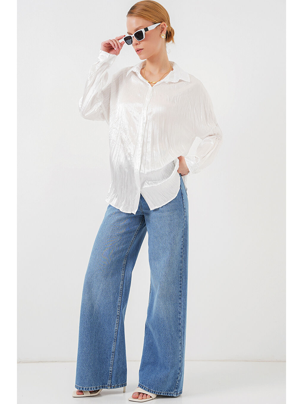 Kadın Kırışık Saten Gömlek 20316 - Beyaz-1