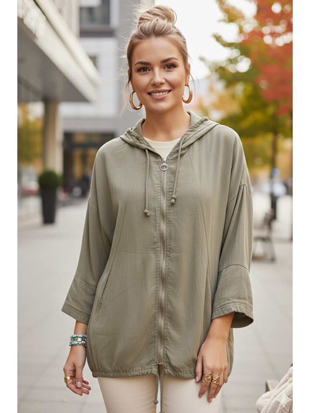 Bej İtalyan Vizon Kapüşonlu 3/4 Kol Fermuarlı Cepli Casual Pamuklu Dokuma Ceket 70 70-2