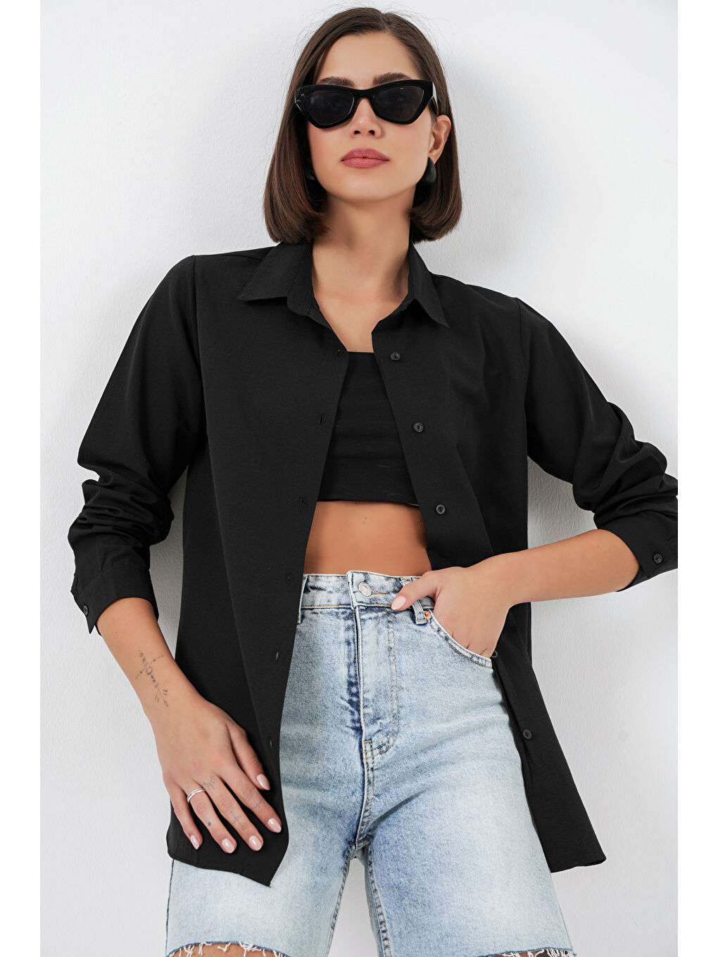 Kadın Uzun Kol Basic Gömlek 20279 - Siyah