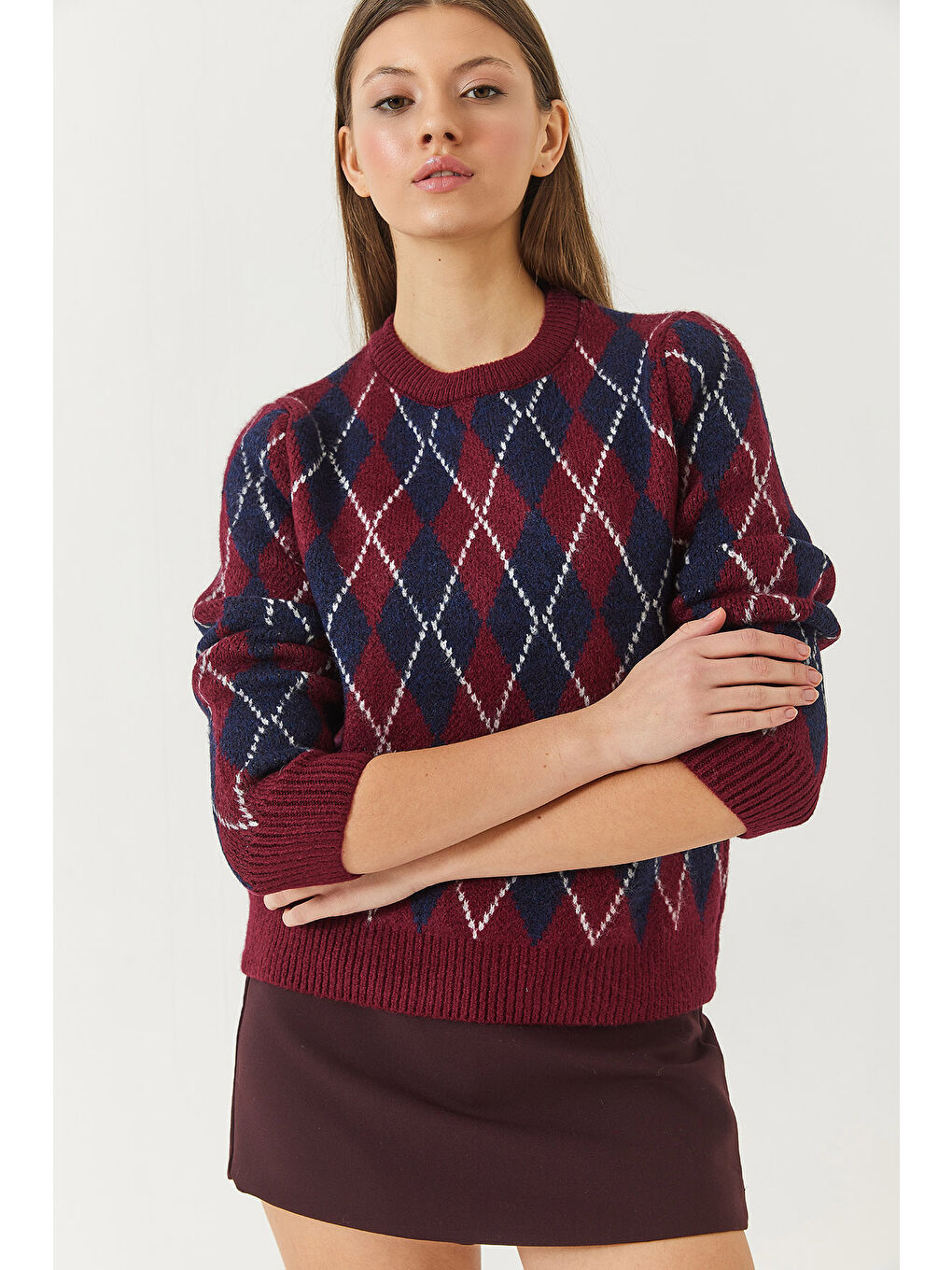 Bordo Kadın Bisiklet Yaka Baklava Desenli Kazak-1