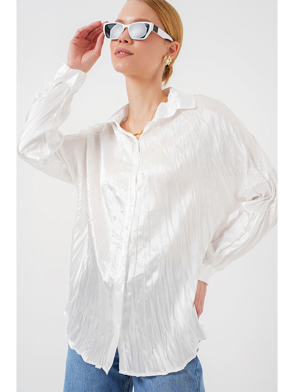 Kadın Kırışık Saten Gömlek 20316 - Beyaz-2