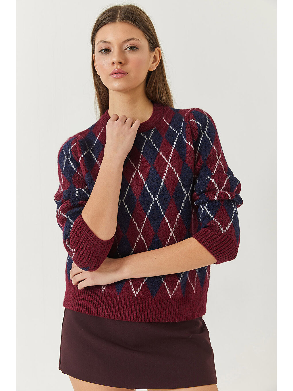 Bordo Kadın Bisiklet Yaka Baklava Desenli Kazak-2